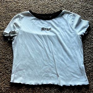 medium white t-shirt, longer crop top, white, says angel, medium